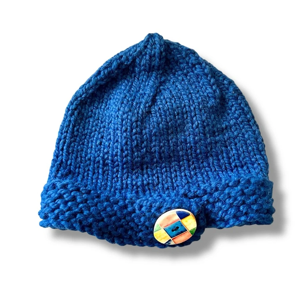 NWOT Blue Hand Knit Cuffed Beanie Artisan Made Multicolor Button Festival S/M